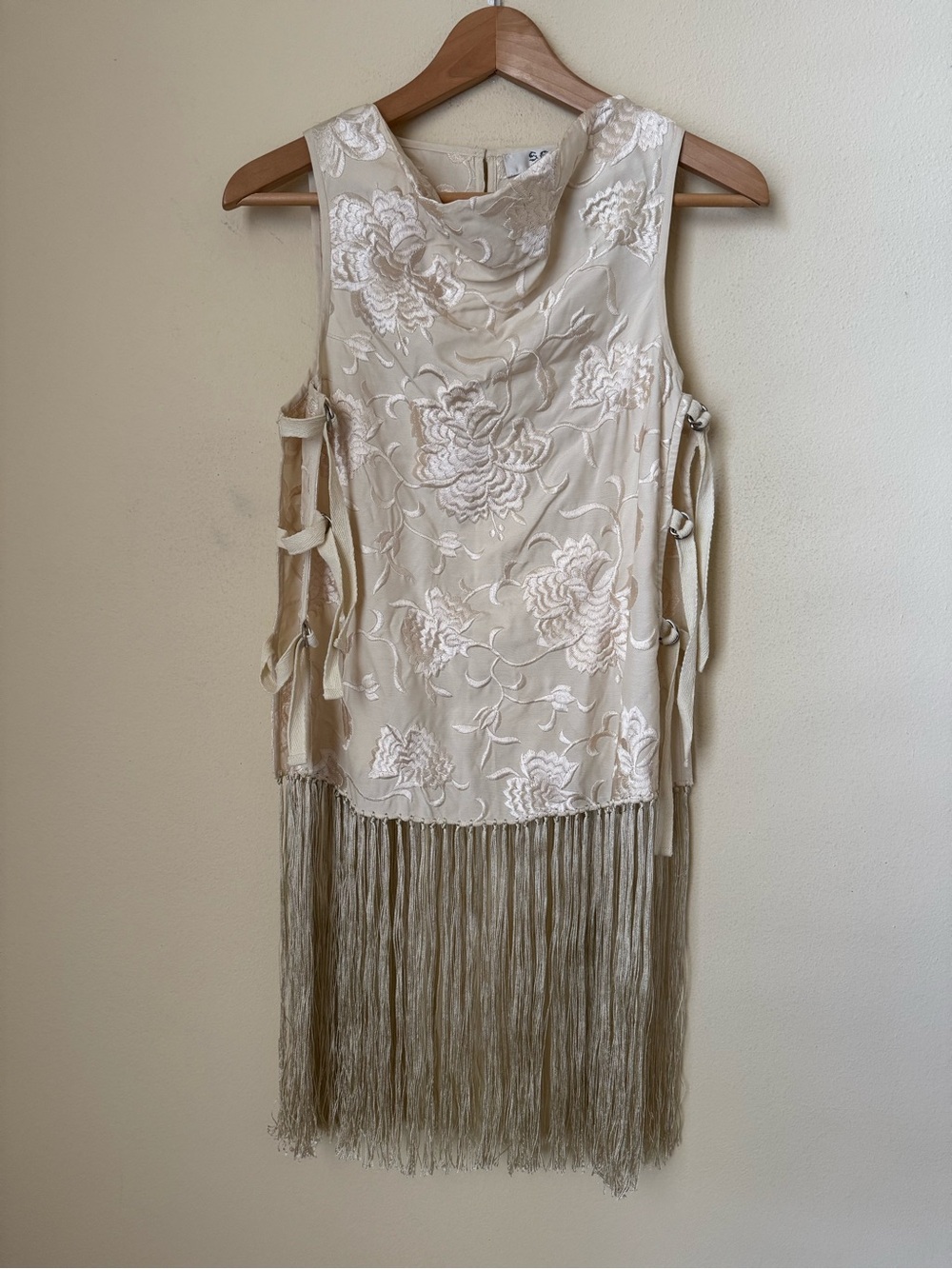 Sea New York Priscilla Embroidery Cowl Neck Fringe Vest Cream Size Small